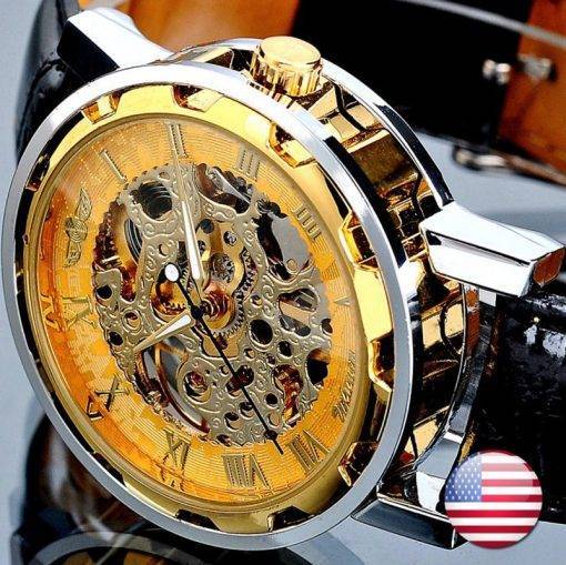 Fashion Winner Black Leather Band Stainless Steel Skeleton Mechanical Watch For Man Gold Mechanical Wrist Watch Luxury Brand My Products