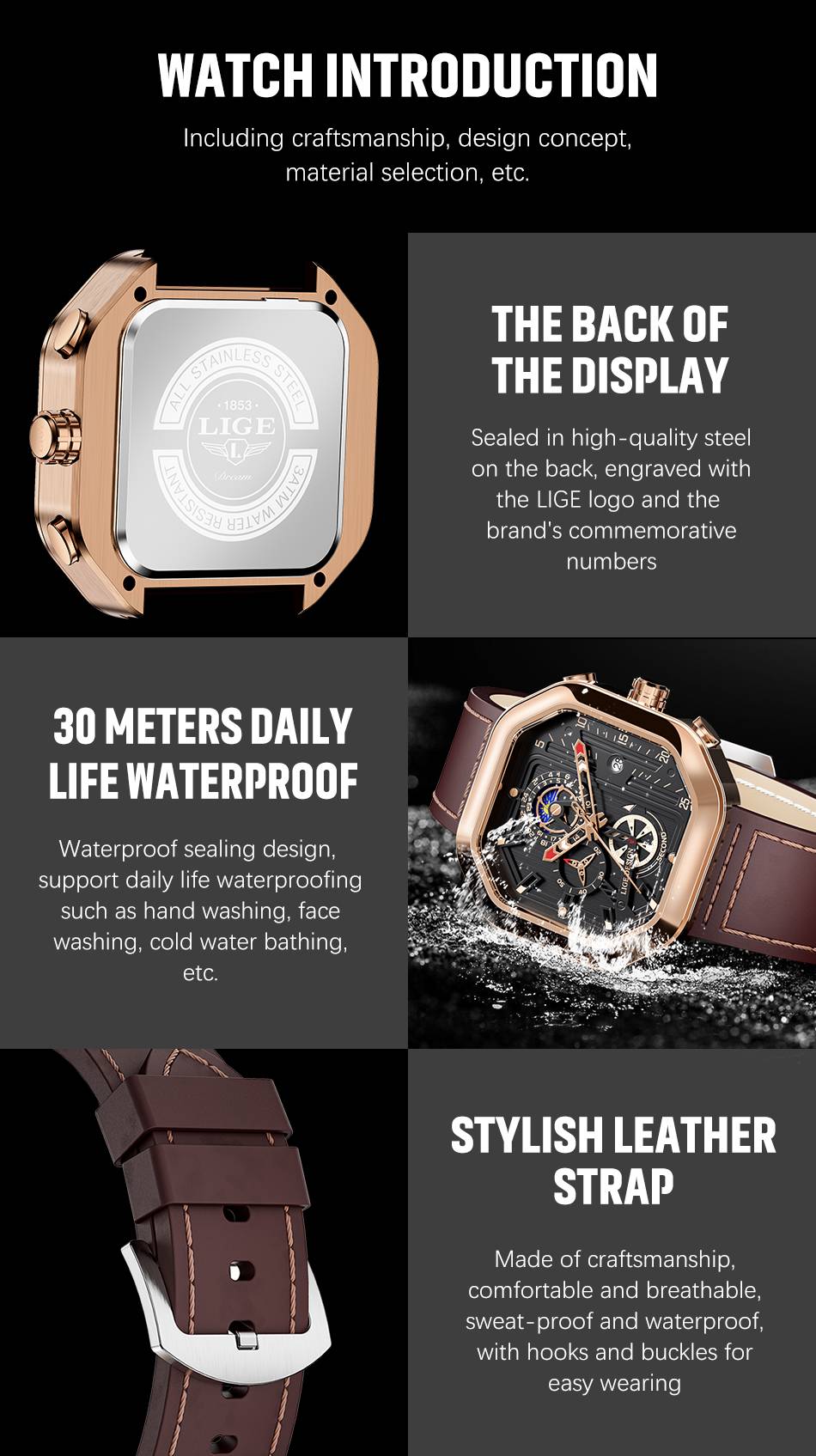 LIGE 2022 Luxury Mens Watch Square Sports Quartz Wristwatch 30M Waterproof Stopwatch Hollow out Watch for Men Relogio Masculino