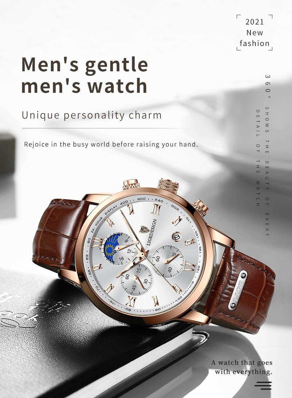 LIGE Men Watch Luxury Leather Waterproof Sport Quartz Wristwatch Chronograph Military Watch for Men Relogio Masculino Men‘s Gift