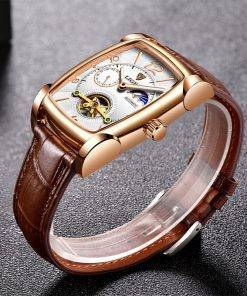 LIGE Men Watch Luxury Wristwatch Square Automatic Watches for Men Fashion Genuine Leather Waterproof Tourbillon Mechanical Watch Automatic Watches