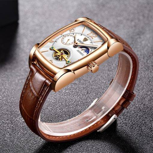 LIGE Men Watch Luxury Wristwatch Square Automatic Watches for Men Fashion Genuine Leather Waterproof Tourbillon Mechanical Watch Automatic Watches