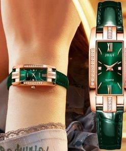 Luxury Watches Women Square Rose Gold Wrist Watches Green Leather Fashion Watches Female Ladies Quartz Clock Gifts montre femme My Products 