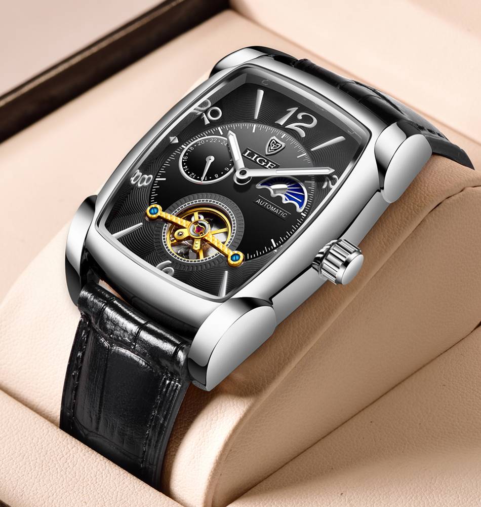 LIGE Men Watch Luxury Wristwatch Square Automatic Watches for Men Fashion Genuine Leather Waterproof Tourbillon Mechanical Watch