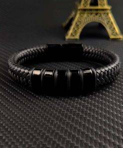 MingAo Free Custom Family Name Bracelets For Men's Stainless Steel Leather Bead Charm Bracelet a Couple's Anniversary women Gift Bracelets For Men 