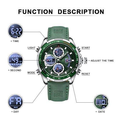 NAVIFORCE Men’s Leather Watche With Led Digital Week Display Calendar Quartz Watches Sports Watches