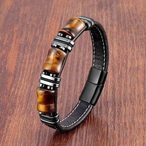 Natural Stone,Tiger Eye Bracelet,Black Leather Rope Chain,Men Bracelet,Stainless Steel Bracelet,Women Fashion Jewelry,Wholesale Bracelets For Men