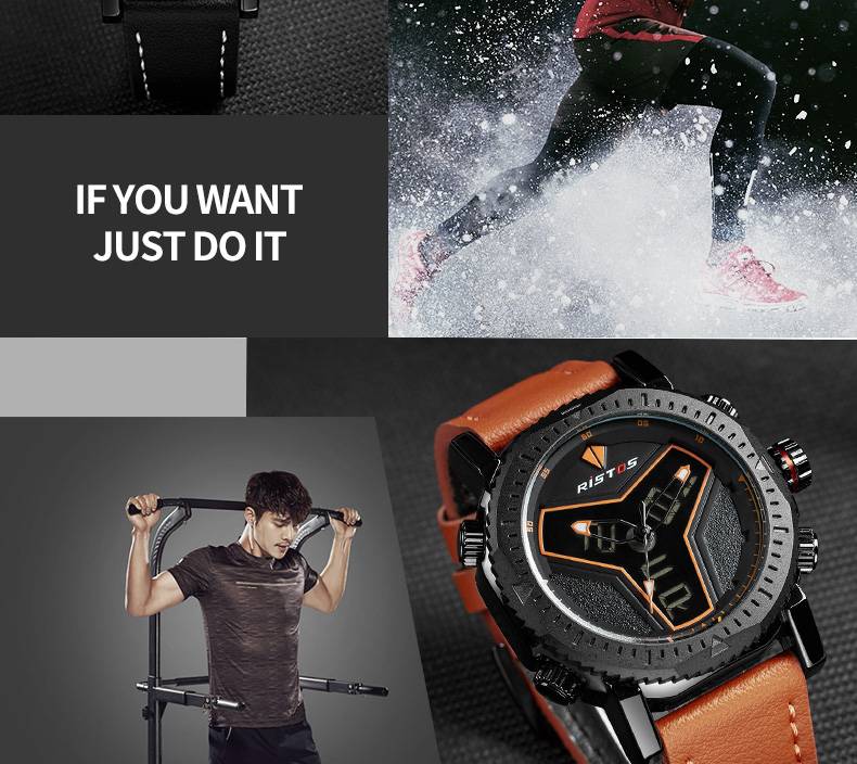 Ristos Multifunction Leather Watches Men Fashion Sport Quartz Watch Reloj Masculino Hombre Digital Analog Led Wristwatch 9341