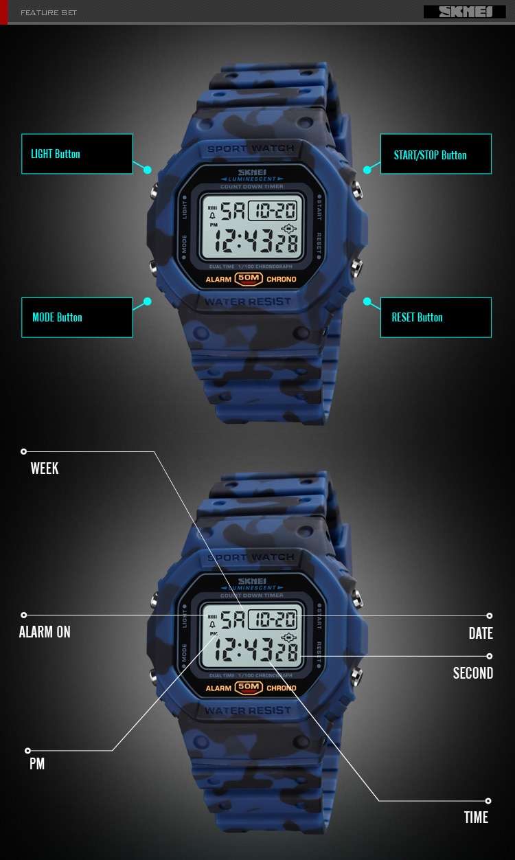 SKMEI Multifunctional Digital Sport Watch Men 2 Time Count Down Mens Wristwatches Fashion Retro Male Watches reloj hombre 1628