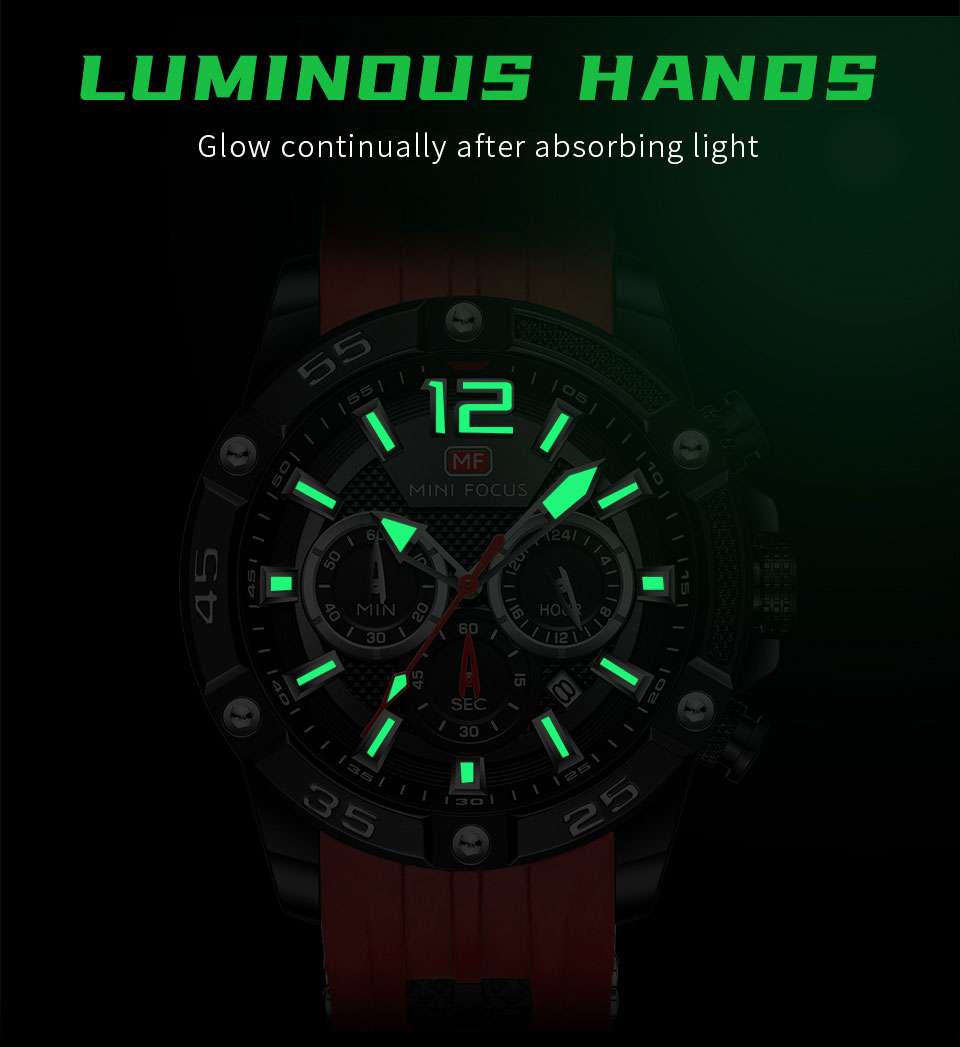 MINI FOCUS Orange Watch for Men Military Sport Chronograph Quartz Wristwatch with Silicone Strap Waterproof Luminous Hands 0349