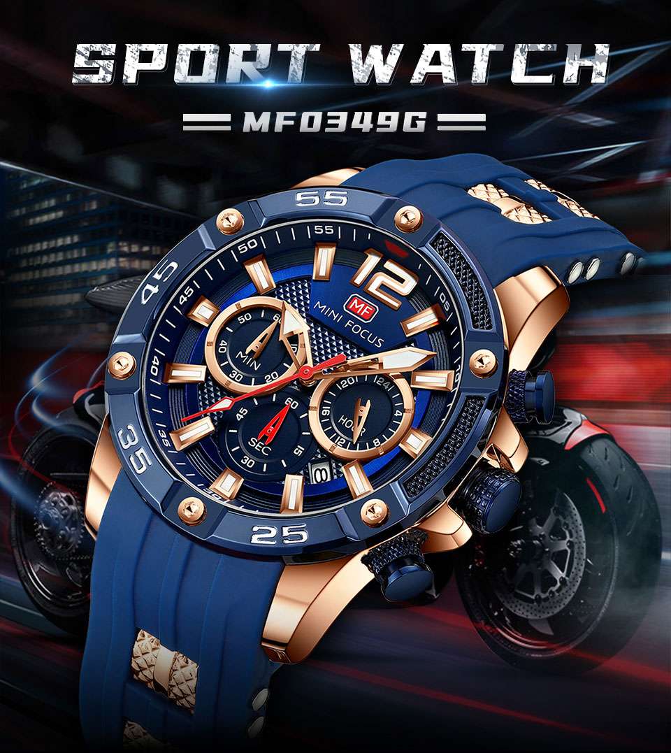 MINI FOCUS Orange Watch for Men Military Sport Chronograph Quartz Wristwatch with Silicone Strap Waterproof Luminous Hands 0349