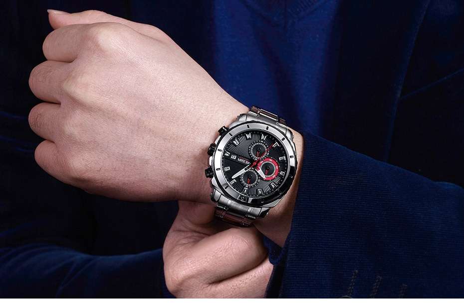 MEGIR Men's Blue Dial Chronograph Quartz Watches Fashion Stainless Steel Analogue Wristwatches for Man Luminous Hands 2075G-2