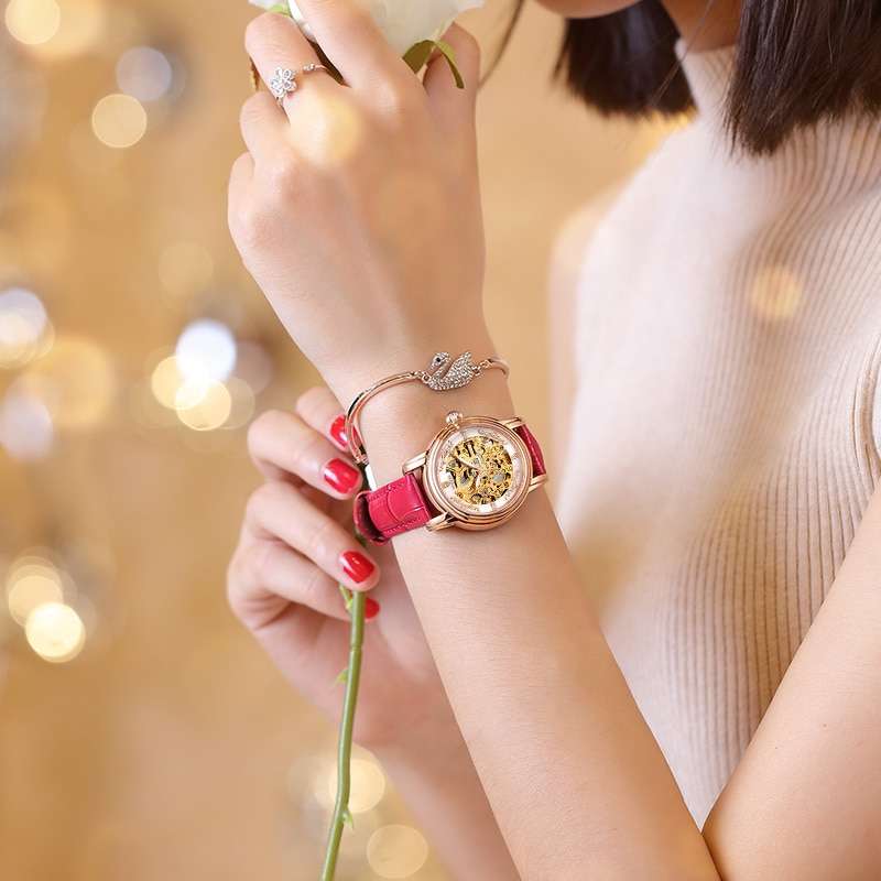 ROCOS Women's Skeleton Automatic Mechanical Watch Ladie Luxury Classic Elegant Leather Wrist Watches Gift 30M Waterproof R0206