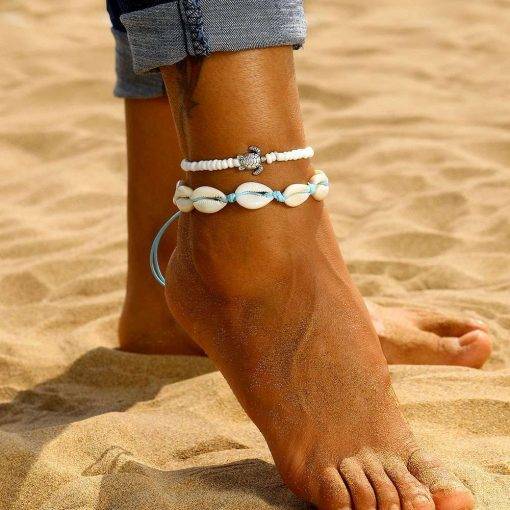 Fashion Blue Rope Shell Anklets For Women Vintage Beads Turtle Charm Anklet Bohemian Bracelets On Leg Chain Summer Beach Jewelry