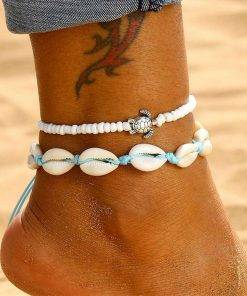 Fashion Blue Rope Shell Anklets For Women Vintage Beads Turtle Charm Anklet Bohemian Bracelets On Leg Chain Summer Beach Jewelry  