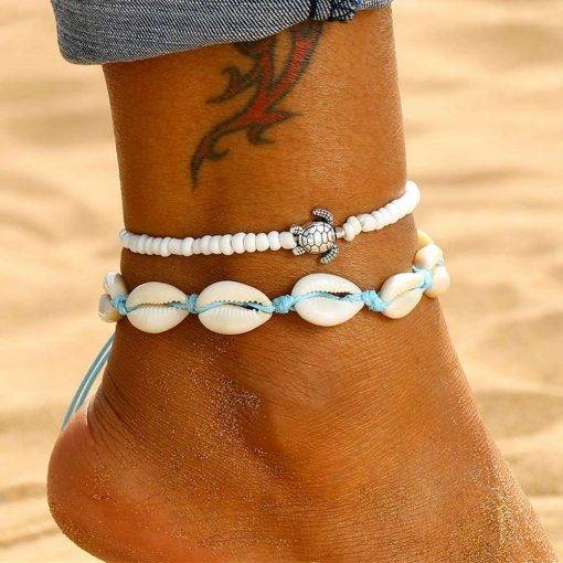 Fashion Blue Rope Shell Anklets For Women Vintage Beads Turtle Charm Anklet Bohemian Bracelets On Leg Chain Summer Beach Jewelry