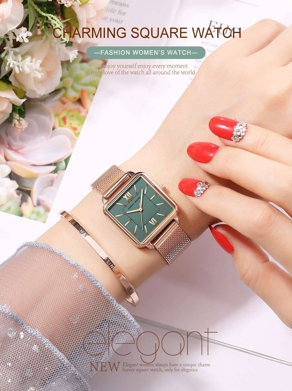 Japan Quartz Movement Green Dial Roman Square Watches Case Stanless Steel Fashion Wristwatch Ladies Rose Gold Watches For Women Japan Quartz Movement Green Dial Roman Square Watches Case Stanless Steel Fashion Wristwatch Ladies Rose Gold Watches For Women