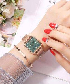 Japan Quartz Movement Green Dial Roman Square Watches Case Stanless Steel Fashion Wristwatch Ladies Rose Gold Watches For Women Women Quartz Watches 