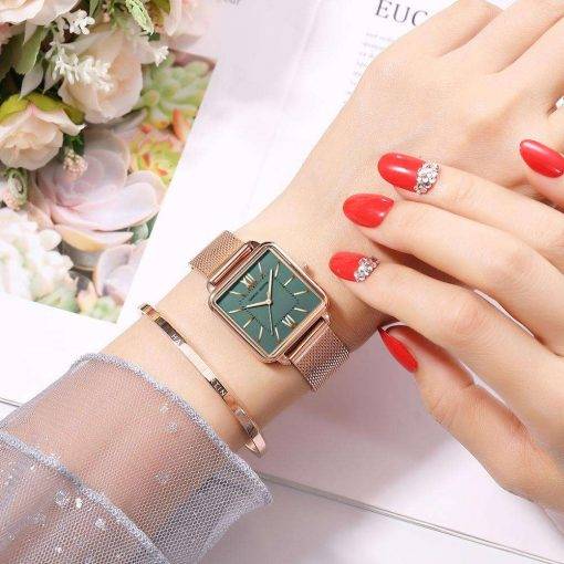 Japan Quartz Movement Green Dial Roman Square Watches Case Stanless Steel Fashion Wristwatch Ladies Rose Gold Watches For Women Women Quartz Watches