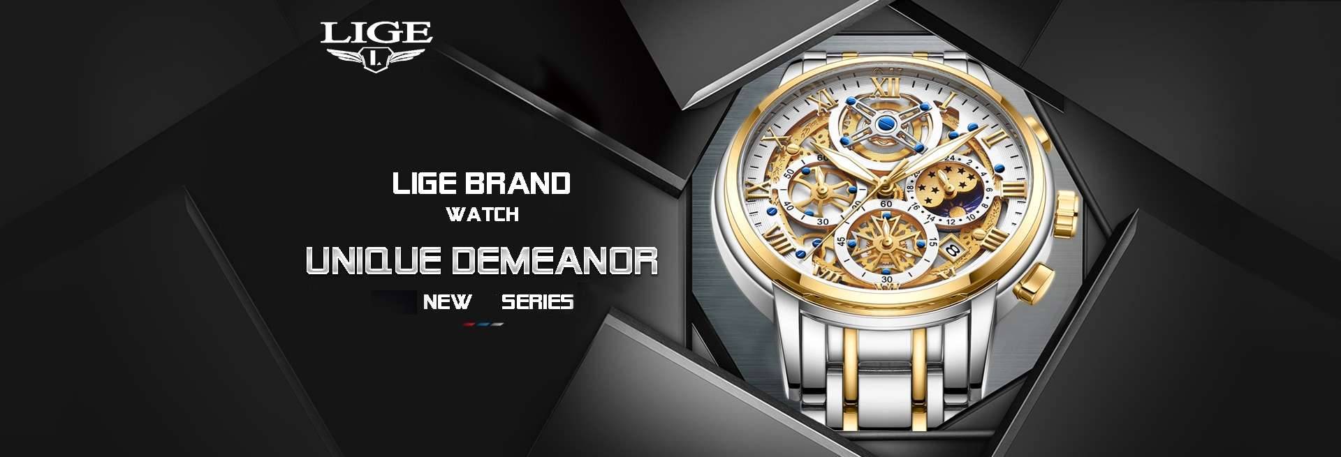 LIGE Men Watch Top Brand Original Sports Quartz Mens Watches Full Steel Waterproof Chronograph Wristwatch Men Relogio Masculino