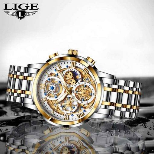 LIGE Men Watch Top Brand Original Sports Quartz Mens Watches Full Steel Waterproof Chronograph Wristwatch Men Relogio Masculino Men Quartz Watches