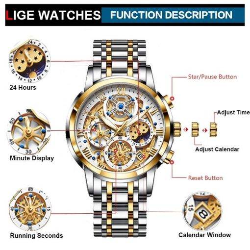 LIGE Men Watch Top Brand Original Sports Quartz Mens Watches Full Steel Waterproof Chronograph Wristwatch Men Relogio Masculino Men Quartz Watches