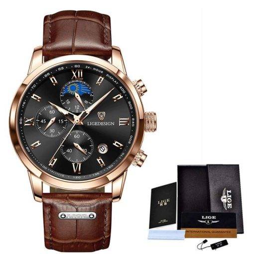 LIGE Men Watches Waterproof Luminous Top Brand Luxury Leather Casual Sports Quartz Wristwatch Military Man Watch For Men relogio Men Quartz Watches