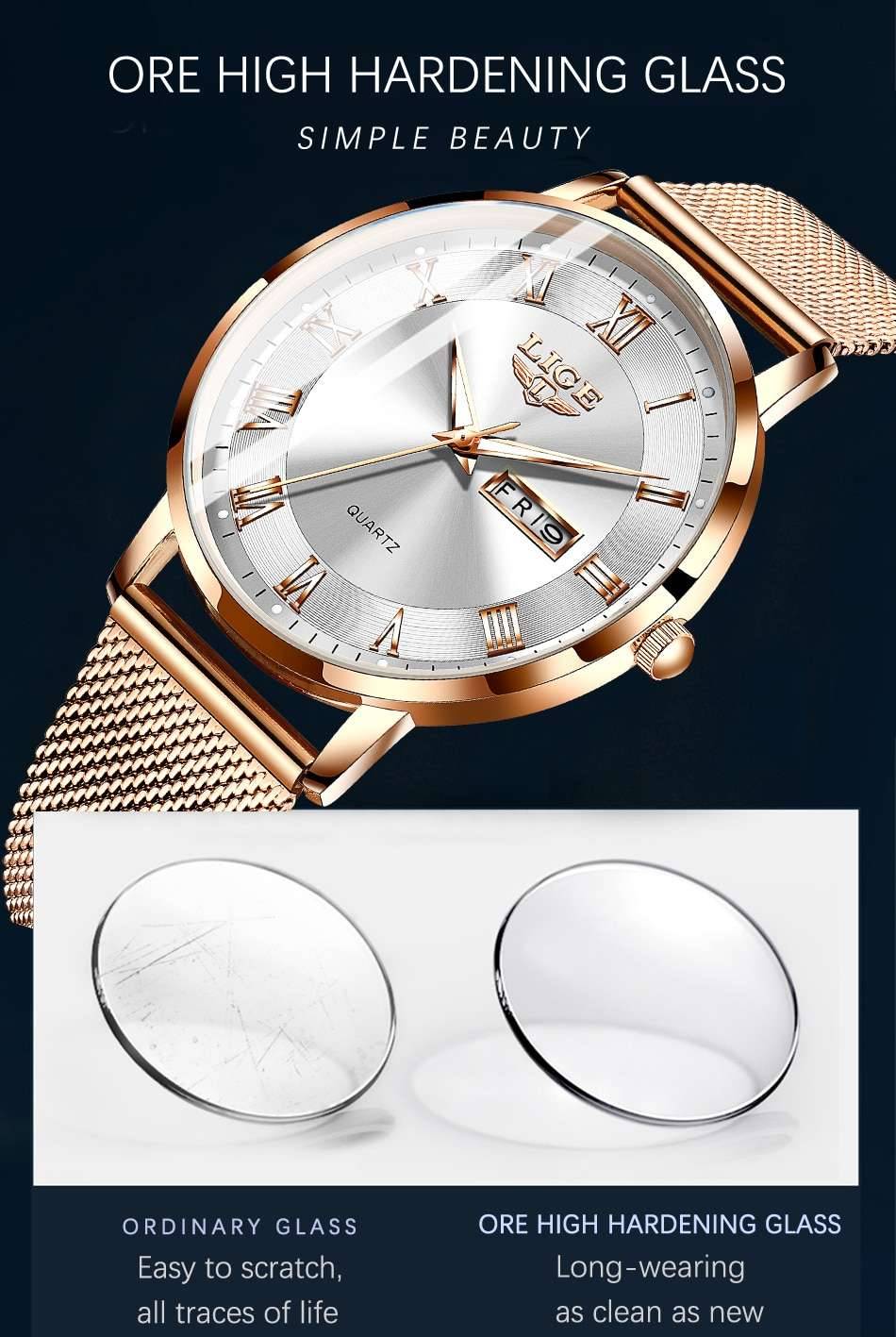 LIGE Women Watch Bracelet Quartz Clock Movement Simple Waterproof Rose Gold Stainless Steel Mesh Ladies Watches Relogio Feminino
