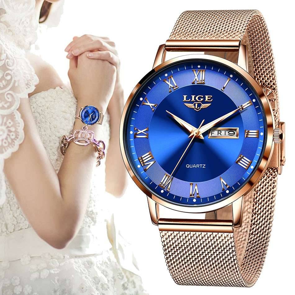 LIGE Women Watch Bracelet Quartz Clock Movement Simple Waterproof Rose Gold Stainless Steel Mesh Ladies Watches Relogio Feminino