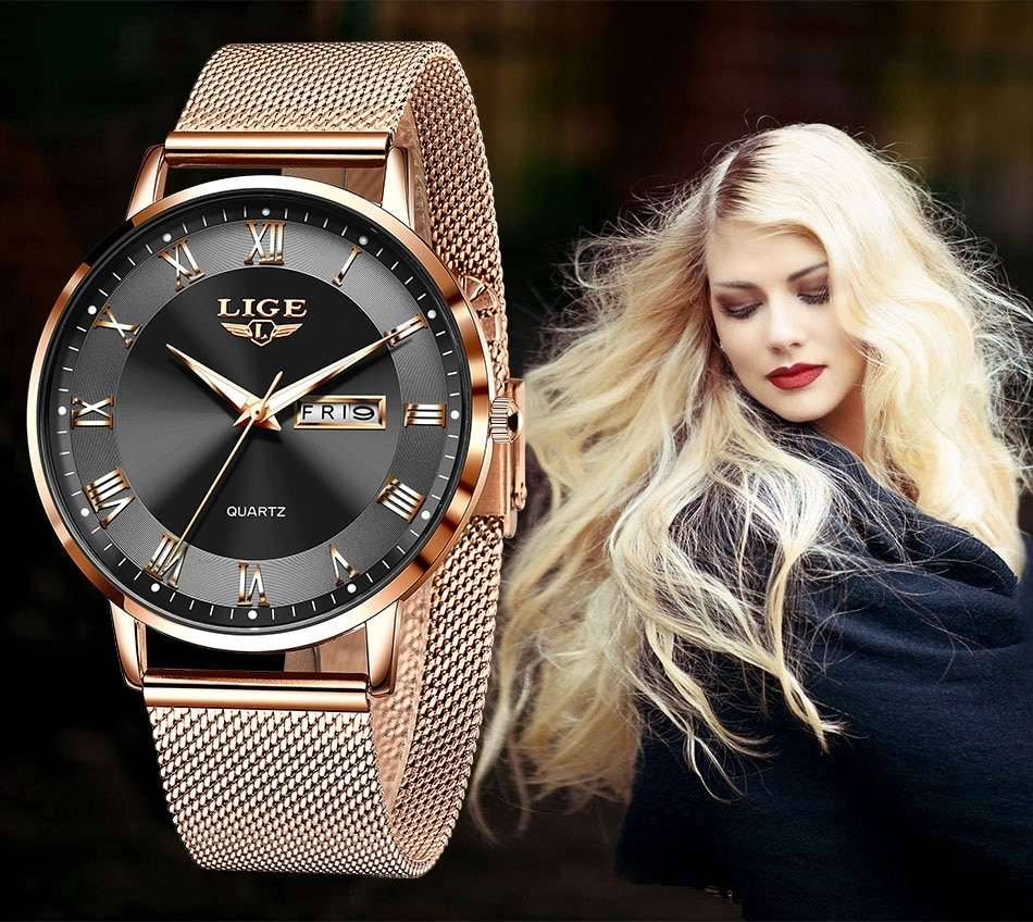 LIGE Women Watch Bracelet Quartz Clock Movement Simple Waterproof Rose Gold Stainless Steel Mesh Ladies Watches Relogio Feminino