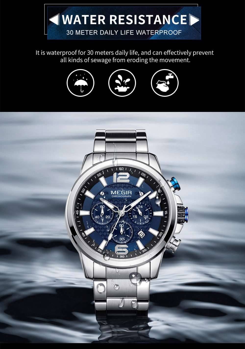 MEGIR 2020 Luxury Watches Men Top Brand Stainless Steel Waterproof Luminous Wristwatch Blue Sports Chronograph Quartz Watch Man