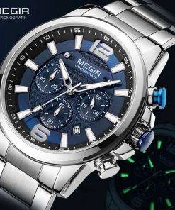 MEGIR 2020 Luxury Watches Men Top Brand Stainless Steel Waterproof Luminous Wristwatch Blue Sports Chronograph Quartz Watch Man Men Quartz Watches 
