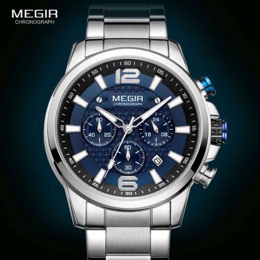 MEGIR 2020 Luxury Watches Men Top Brand Stainless Steel Waterproof Luminous Wristwatch Blue Sports Chronograph Quartz Watch Man Men Quartz Watches