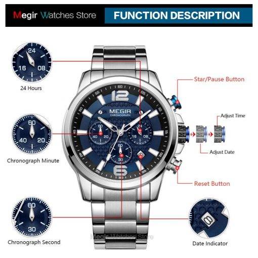 MEGIR 2020 Luxury Watches Men Top Brand Stainless Steel Waterproof Luminous Wristwatch Blue Sports Chronograph Quartz Watch Man Men Quartz Watches
