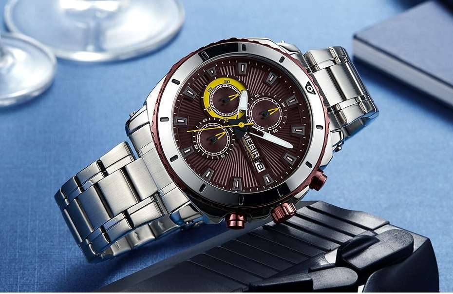 MEGIR Men's Blue Dial Chronograph Quartz Watches Fashion Stainless Steel Analogue Wristwatches for Man Luminous Hands 2075G-2