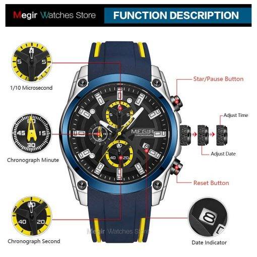 MEGIR Men's Military Sport Watches Men Waterproof Fashion Blue Silicone Strap Wristwatch Man Luxury Top Brand Luminous Watch Men Quartz Watches