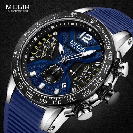 MEGIR Sports Chronograph Quartz Watches for Men Silicone Strap Wateproof Luminous Wristwatch Man Relogios Masculino 2106 Blue Quartz Watches Sports & Smartwatches