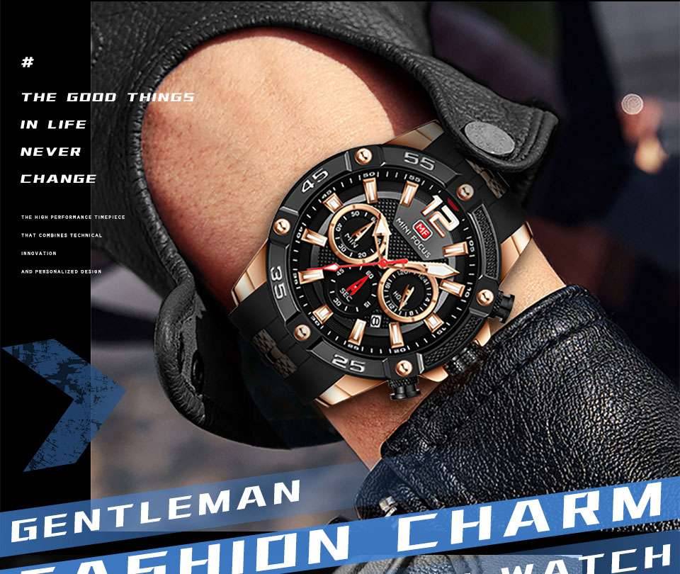 MINI FOCUS Orange Watch for Men Military Sport Chronograph Quartz Wristwatch with Silicone Strap Waterproof Luminous Hands 0349