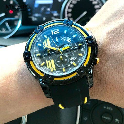 Megir Men's Black Silicone Strap Quartz Watches Chronograph Sports Wristwatch for Man 3atm Waterproof Luminous Hands 2097 Yellow Quartz Watches Sports & Smartwatches