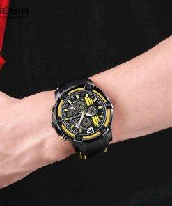 Megir Men's Black Silicone Strap Quartz Watches Chronograph Sports Wristwatch for Man 3atm Waterproof Luminous Hands 2097 Yellow Quartz Watches Sports & Smartwatches 