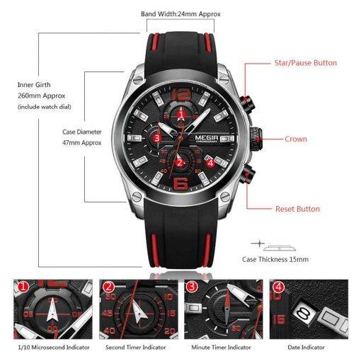 Megir Men's Chronograph Analogue Quartz Watches Fashion Rubber Strap Sport Wristwatch with Luminous Hands for Boys 2063GS-BK-1 Quartz Watches Sports & Smartwatches