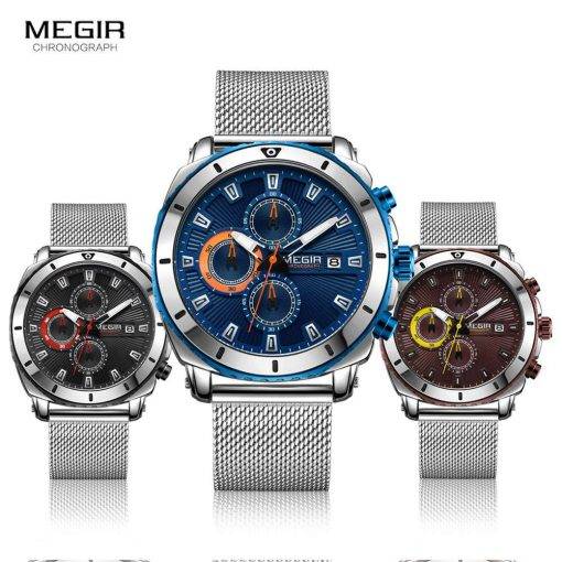 Megir Watches Men 2020 Luxury Mesh Strap Business Quartz Watch for Man Top Brand Waterproof Army Sport Wrist Watches Blue Face Men Quartz Watches