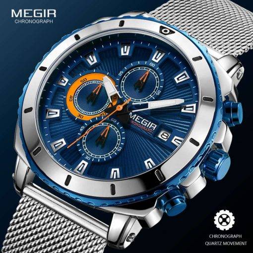 Megir Watches Men 2020 Luxury Mesh Strap Business Quartz Watch for Man Top Brand Waterproof Army Sport Wrist Watches Blue Face Men Quartz Watches