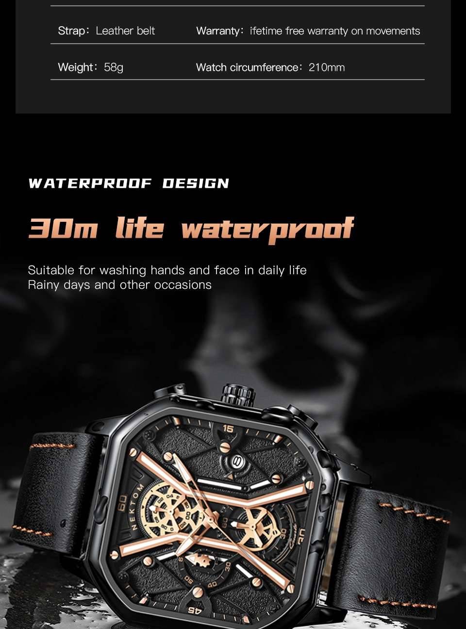 NEKTOM 2022 Luxury Square Quartz Man Watch Waterproof Leather Strap Sport Watch Fashion Waterproof Quartz Wristwatch