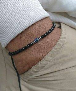 New Fashion Round Eye Men Bracelet 6mm Strand Black Smooth Stone Bead Bracelet For Men Handmade Jewelry Gift Bracelets Bracelets 