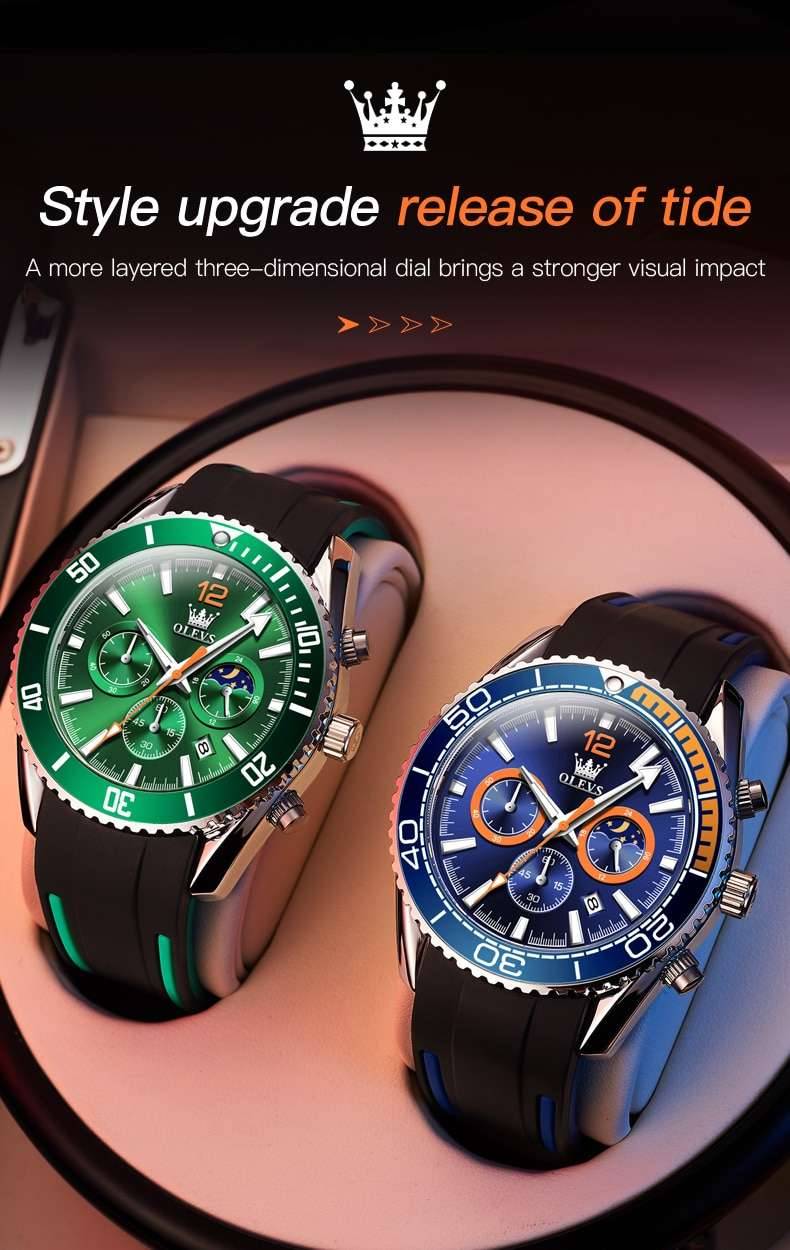 OLEVS Quartz Watch Men 30M Waterproof Sports Noctilucent Business Affairs Silicone Strap Watches For Men Moon Phase Wristwatch
