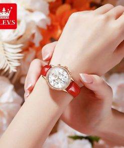 OLEVS Top Brand Women' Watches Luxury Diamond Ladies Quartz Wristwatch Waterproof Leather Strap Multifunction Watch for Woman Women Quartz Watches