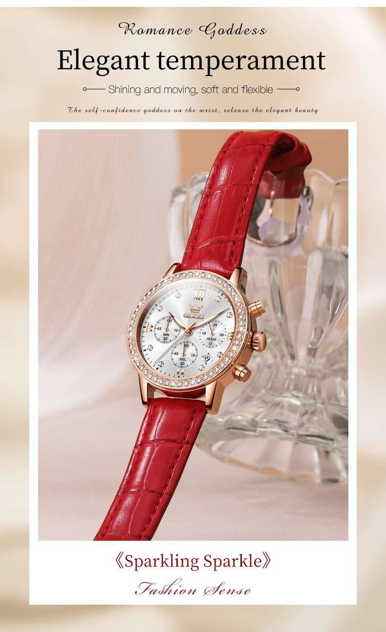 OLEVS Top Brand Women' Watches Luxury Diamond Ladies Quartz Wristwatch Waterproof Leather Strap Multifunction Watch for Woman