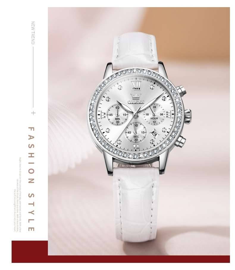 OLEVS Top Brand Women' Watches Luxury Diamond Ladies Quartz Wristwatch Waterproof Leather Strap Multifunction Watch for Woman