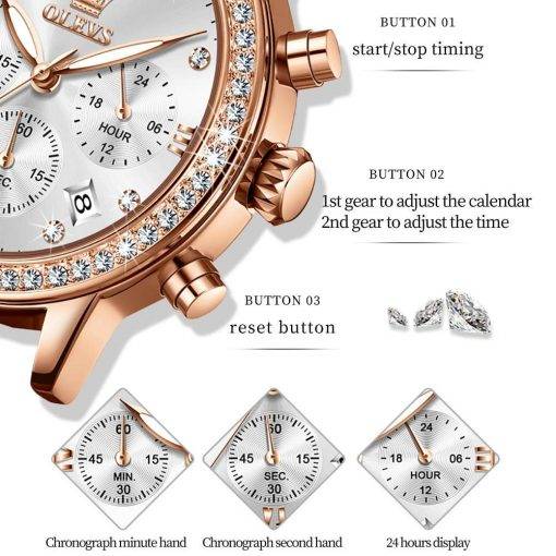 OLEVS Top Brand Women' Watches Luxury Diamond Ladies Quartz Wristwatch Waterproof Leather Strap Multifunction Watch for Woman Women Quartz Watches