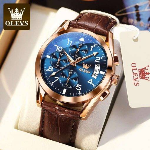 OLEVS Watch for Men Top Brand Luxury Men Quartz Wristwatches Pilot Leather Strap Multi-Function Chronograph Waterproof Men Watch Men Quartz Watches